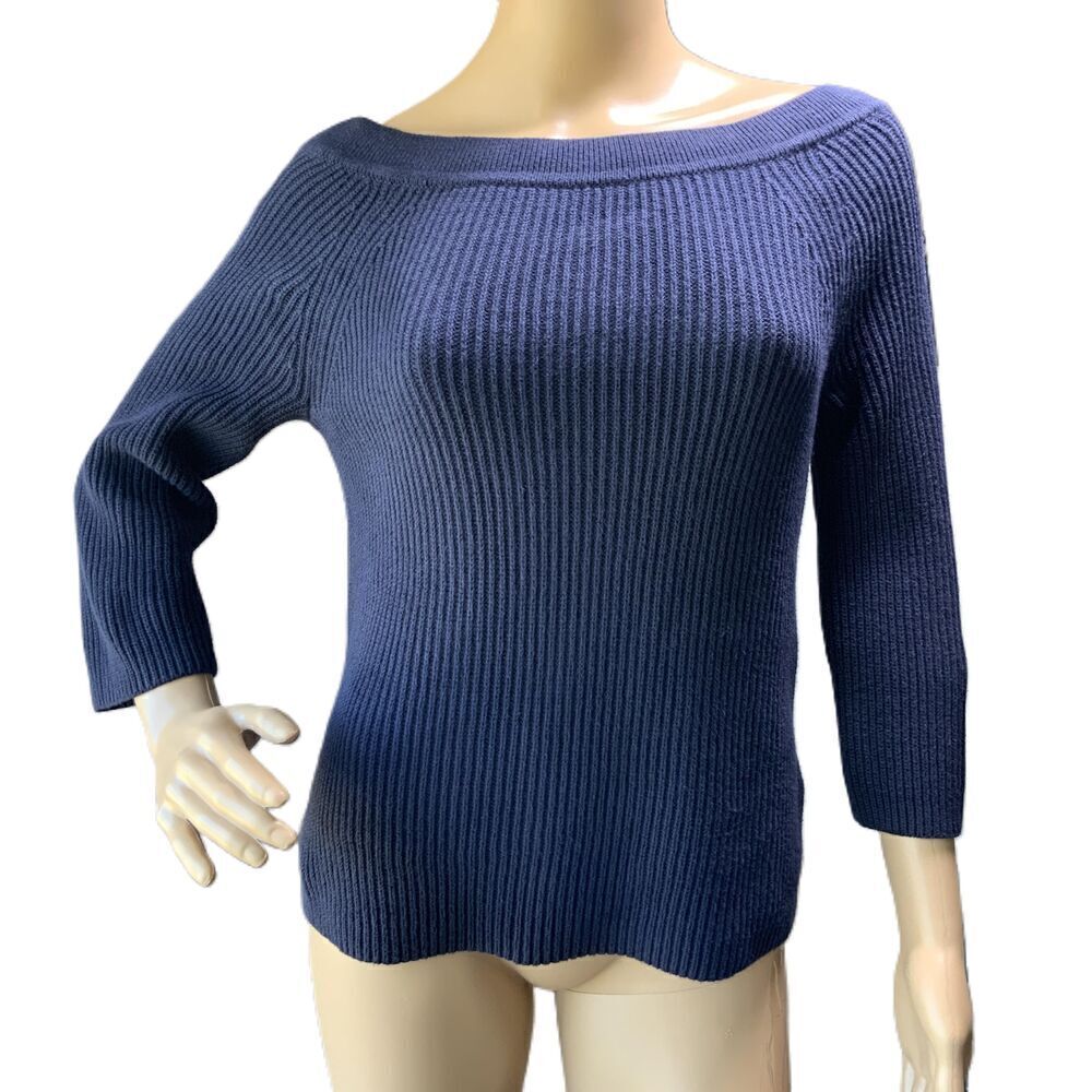 J. Crew Blue Boatneck Ribbed Knit Cotton 3/4 Sleeve Work Casual Sweater Size XS